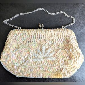 Ivory Evening Bag w/ Iridescent Sequins & White Seed Pearl Trim & Accent
